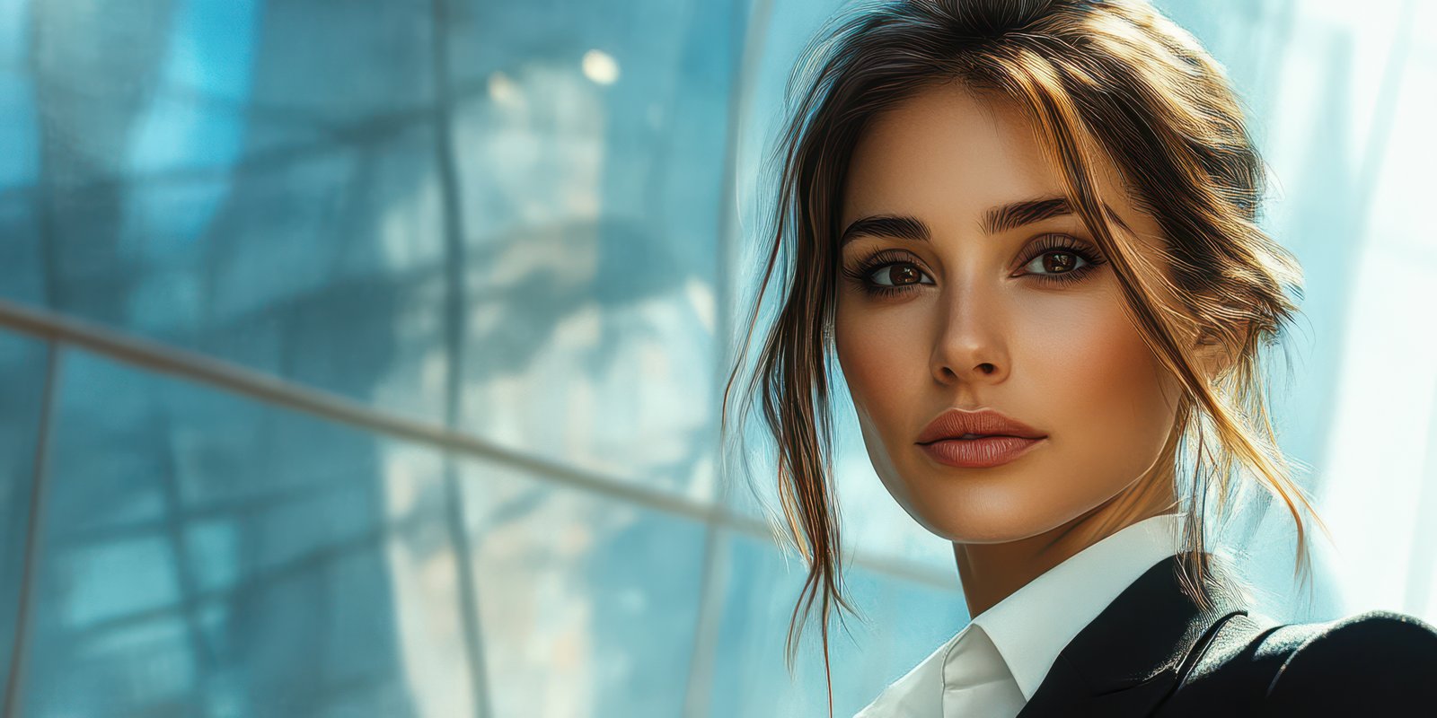 Confident businesswoman poses in front of modern urban architecture on a bright day in the city